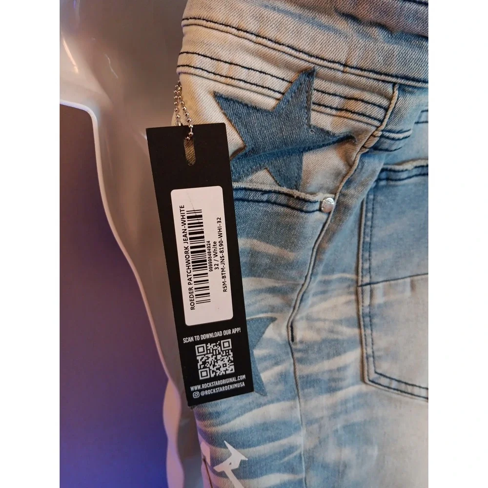 Rockstar Original Star Patch Stacked Denim Jeans Light Blue Distressed NWT 32 - Picture 3 of 6